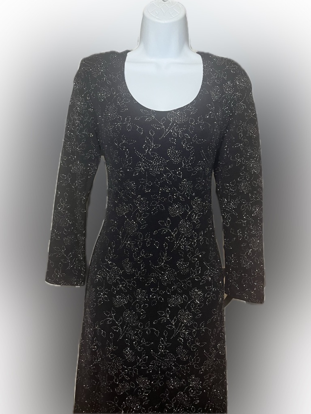Vintage Long Sleeve Rhinestone Floral Stretch Knit Dress, Goth, Whimsygoth